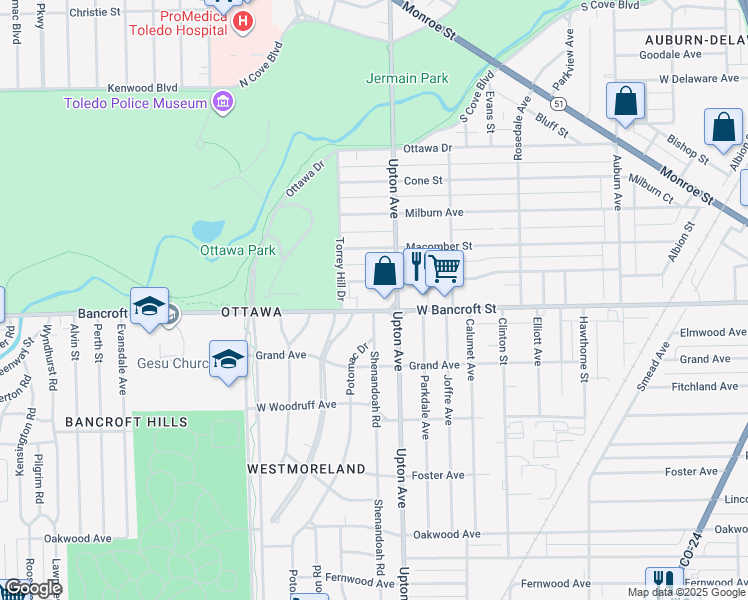 map of restaurants, bars, coffee shops, grocery stores, and more near in Toledo