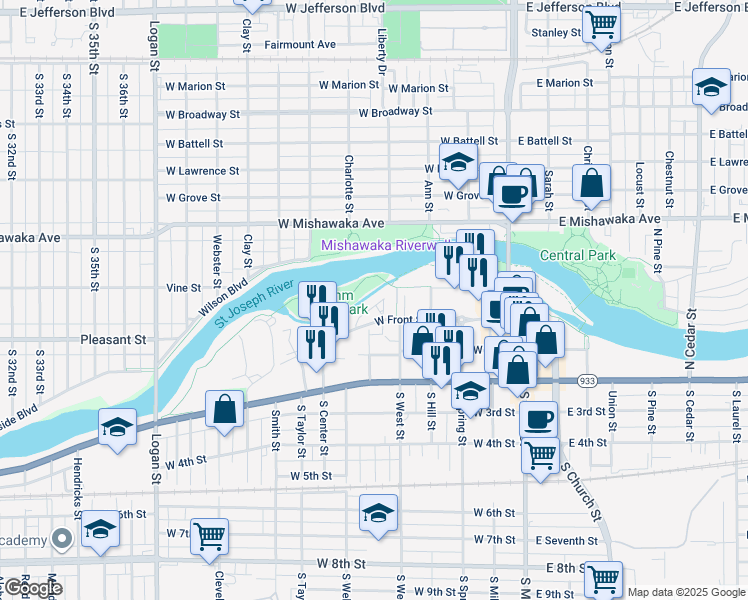 map of restaurants, bars, coffee shops, grocery stores, and more near 213 Towle Avenue in Mishawaka
