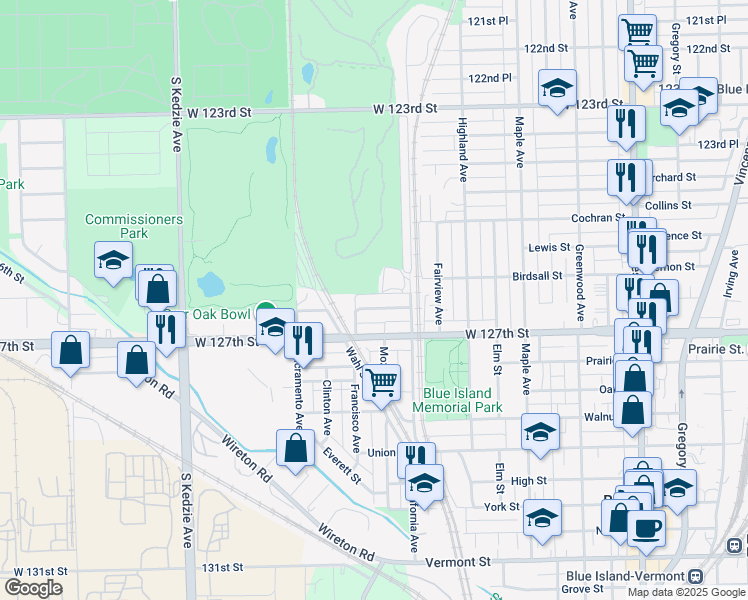 map of restaurants, bars, coffee shops, grocery stores, and more near 2832 Francisco Avenue in Blue Island