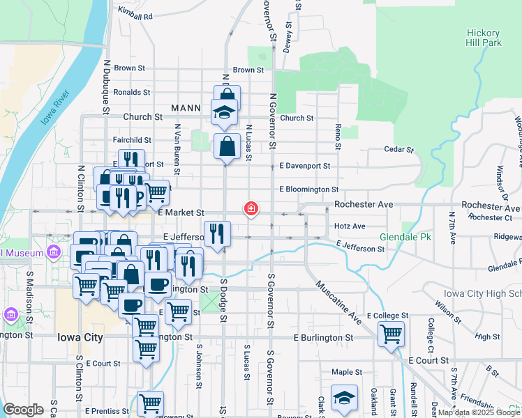 map of restaurants, bars, coffee shops, grocery stores, and more near 218 North Lucas Street in Iowa City