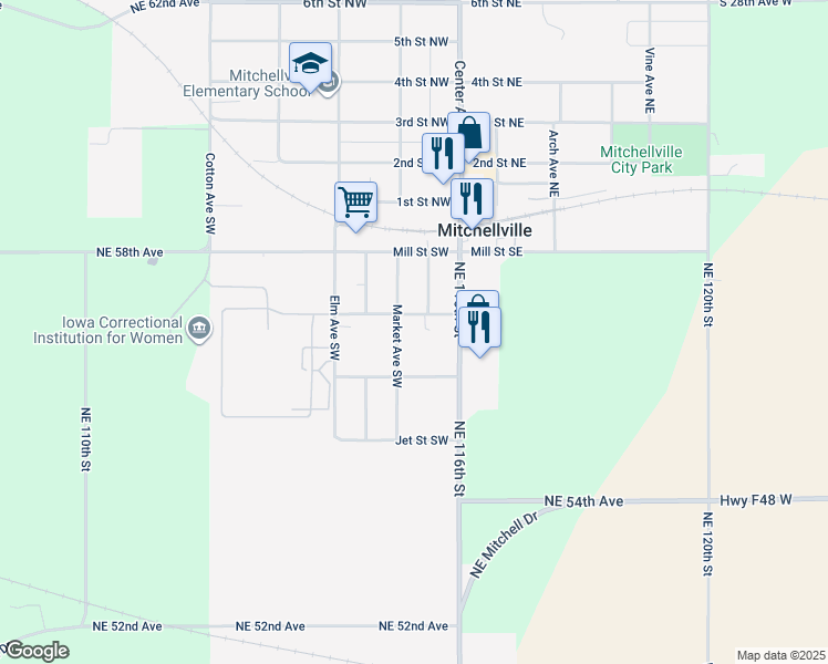 map of restaurants, bars, coffee shops, grocery stores, and more near 116 High Street Southwest in Mitchellville
