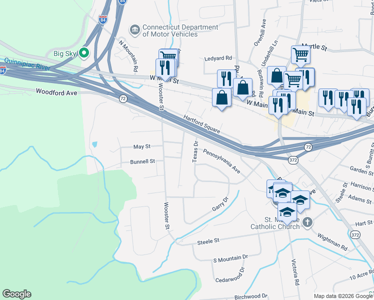 map of restaurants, bars, coffee shops, grocery stores, and more near 76 Barnes Street in New Britain