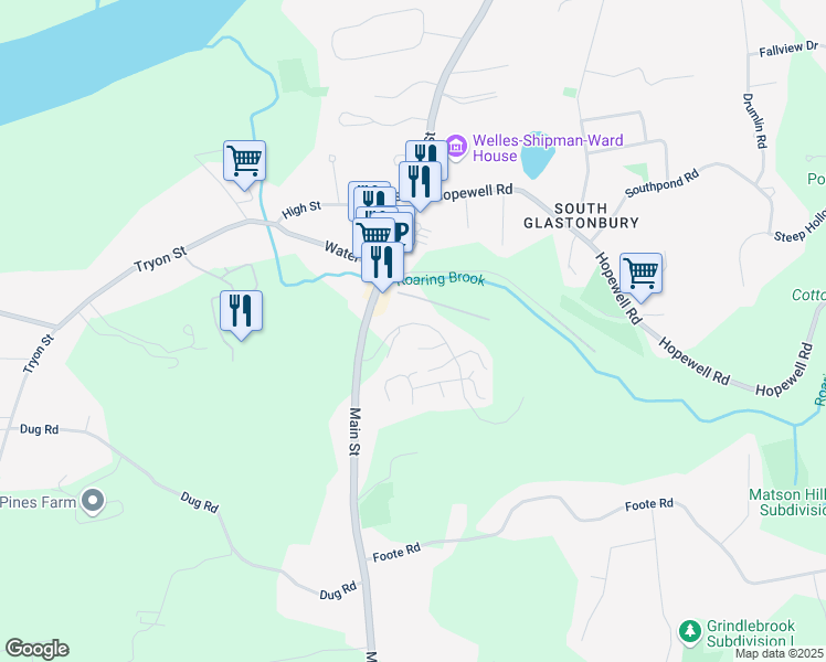 map of restaurants, bars, coffee shops, grocery stores, and more near 58 South Mill Drive in Glastonbury