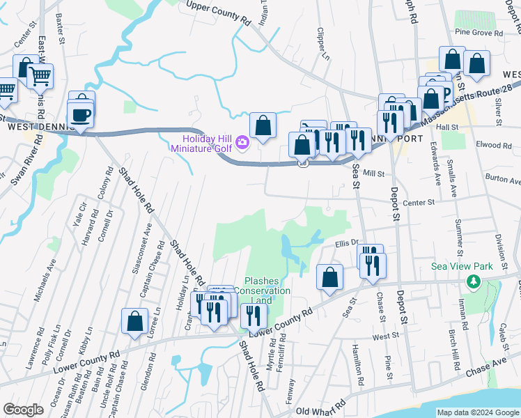 map of restaurants, bars, coffee shops, grocery stores, and more near 23 Center Street in Dennis