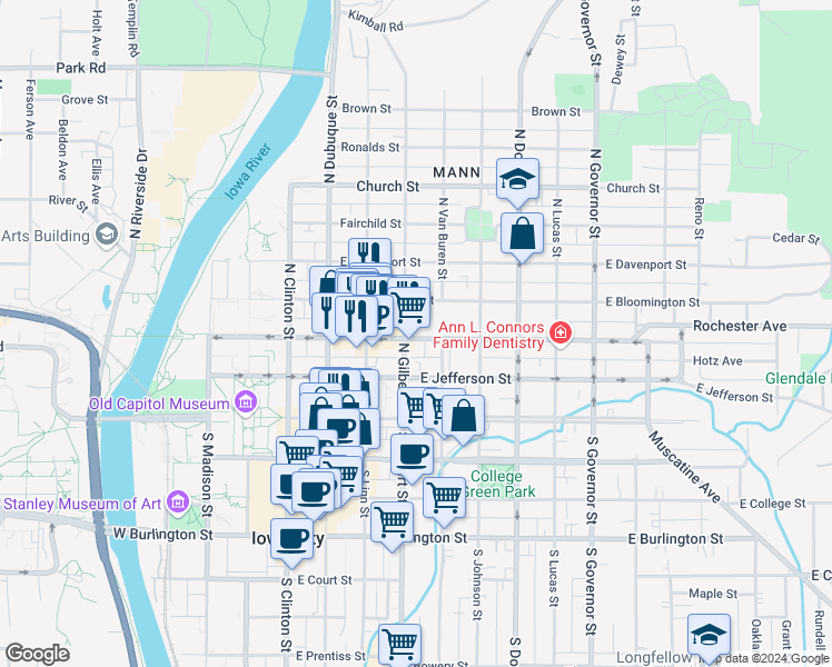 map of restaurants, bars, coffee shops, grocery stores, and more near 410 East Market Street in Iowa City