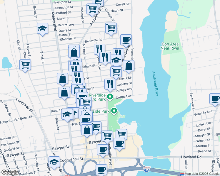 map of restaurants, bars, coffee shops, grocery stores, and more near 73 Collette Street in New Bedford