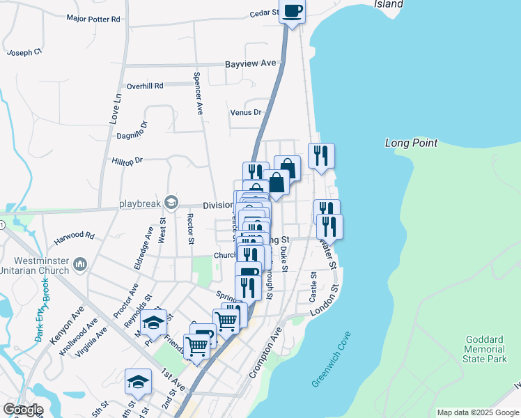 map of restaurants, bars, coffee shops, grocery stores, and more near 6 Main Street in East Greenwich