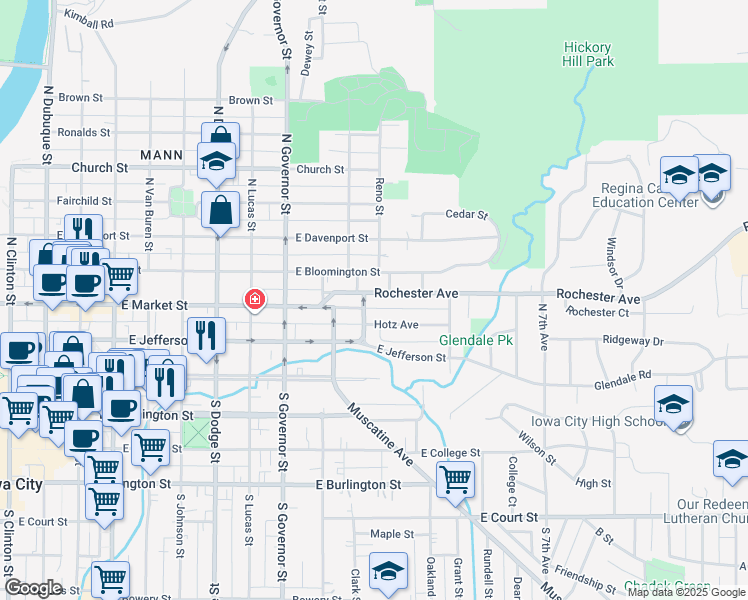 map of restaurants, bars, coffee shops, grocery stores, and more near 1116 Rochester Avenue in Iowa City