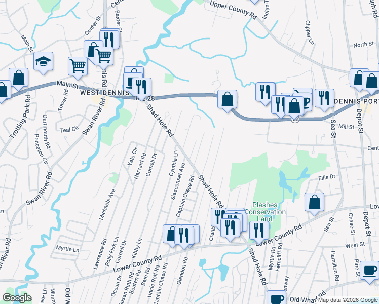 map of restaurants, bars, coffee shops, grocery stores, and more near 73 Shad Hole Road in Dennis