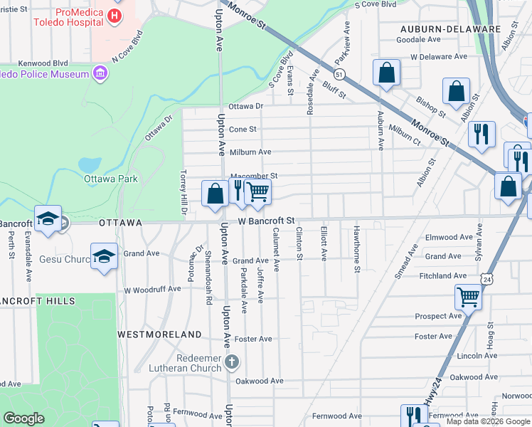 map of restaurants, bars, coffee shops, grocery stores, and more near in Toledo