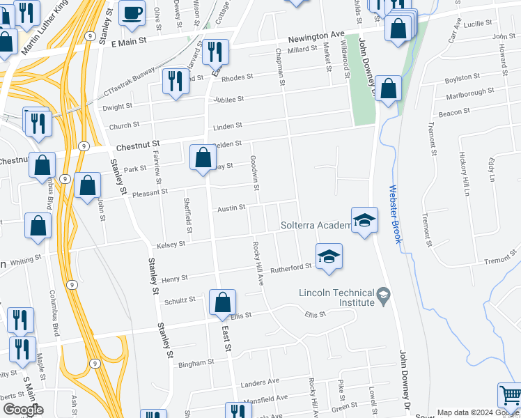 map of restaurants, bars, coffee shops, grocery stores, and more near 87 Austin Street in New Britain