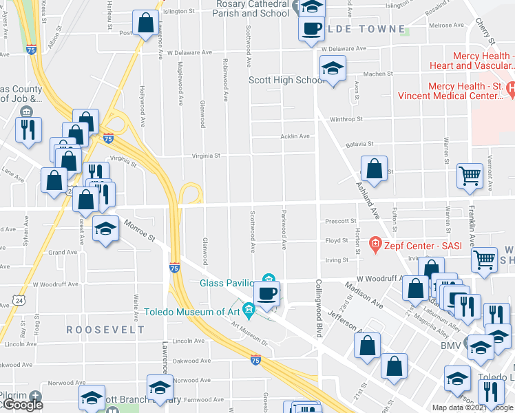 map of restaurants, bars, coffee shops, grocery stores, and more near 641 West Bancroft Street in Toledo