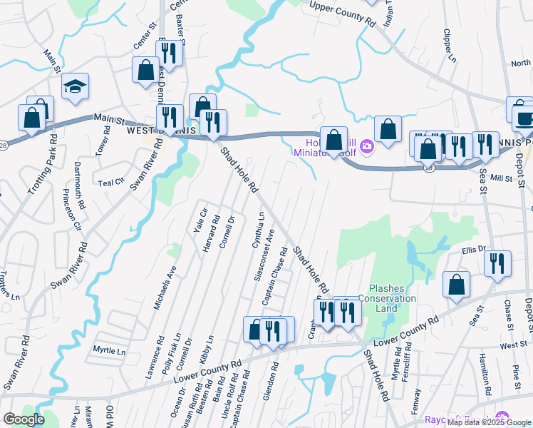map of restaurants, bars, coffee shops, grocery stores, and more near 73 Shad Hole Road in Dennis