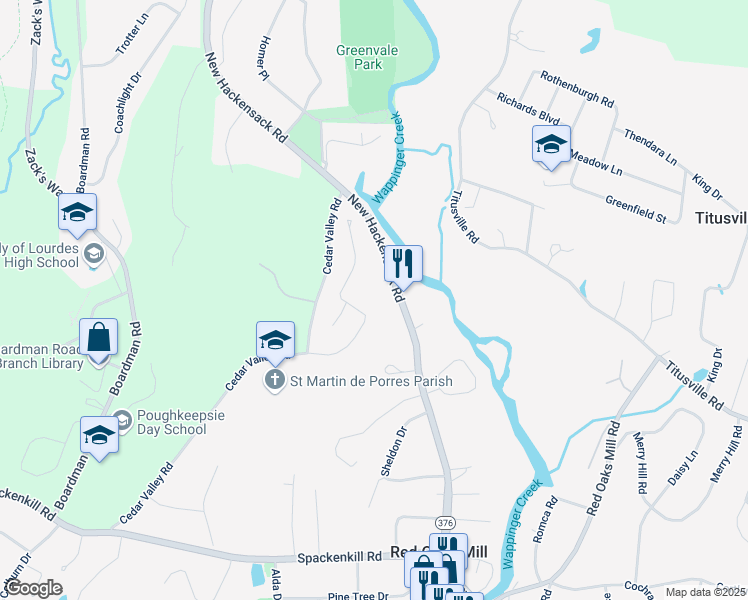 map of restaurants, bars, coffee shops, grocery stores, and more near 38 Tree Top Lane in Poughkeepsie