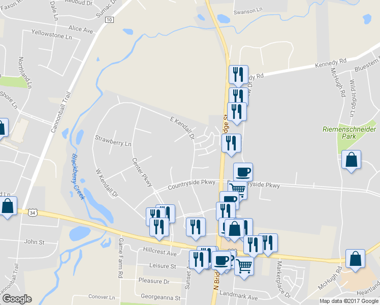 map of restaurants, bars, coffee shops, grocery stores, and more near 307 East Kendall Drive in Yorkville