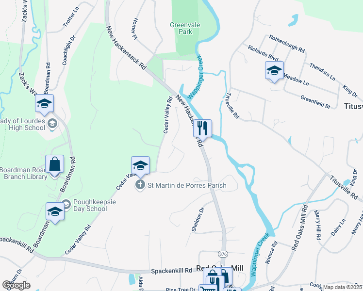 map of restaurants, bars, coffee shops, grocery stores, and more near 38 Tree Top Lane in Poughkeepsie
