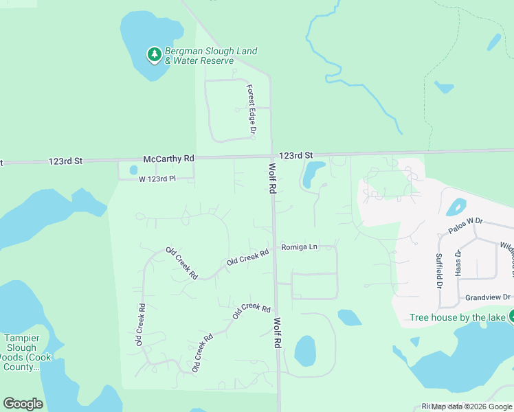 map of restaurants, bars, coffee shops, grocery stores, and more near 12424 Wolf Road in Palos Park