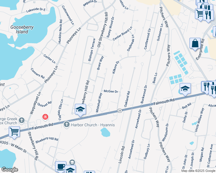 map of restaurants, bars, coffee shops, grocery stores, and more near 27 Kilkore Drive in Barnstable