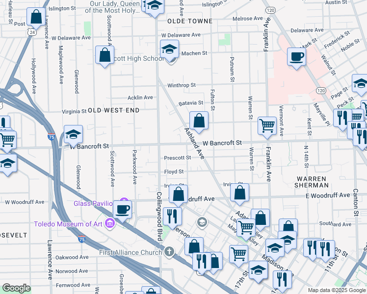 map of restaurants, bars, coffee shops, grocery stores, and more near 401 West Bancroft Street in Toledo