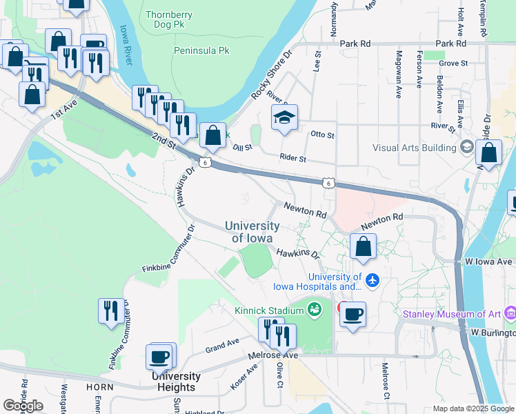 map of restaurants, bars, coffee shops, grocery stores, and more near 1 Elliott Drive in Iowa City