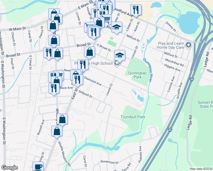 map of restaurants, bars, coffee shops, grocery stores, and more near 75 Diamond Avenue in Plainville