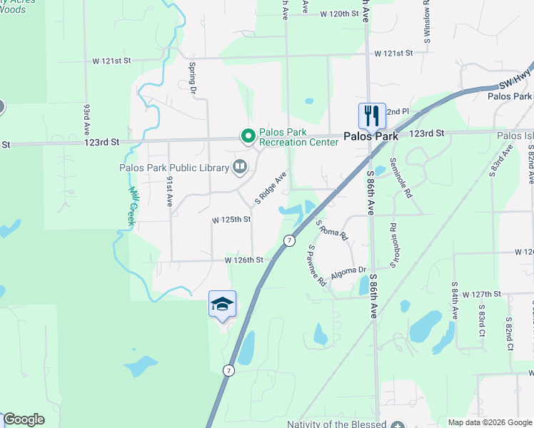map of restaurants, bars, coffee shops, grocery stores, and more near 12501 South 89th Avenue in Palos Park