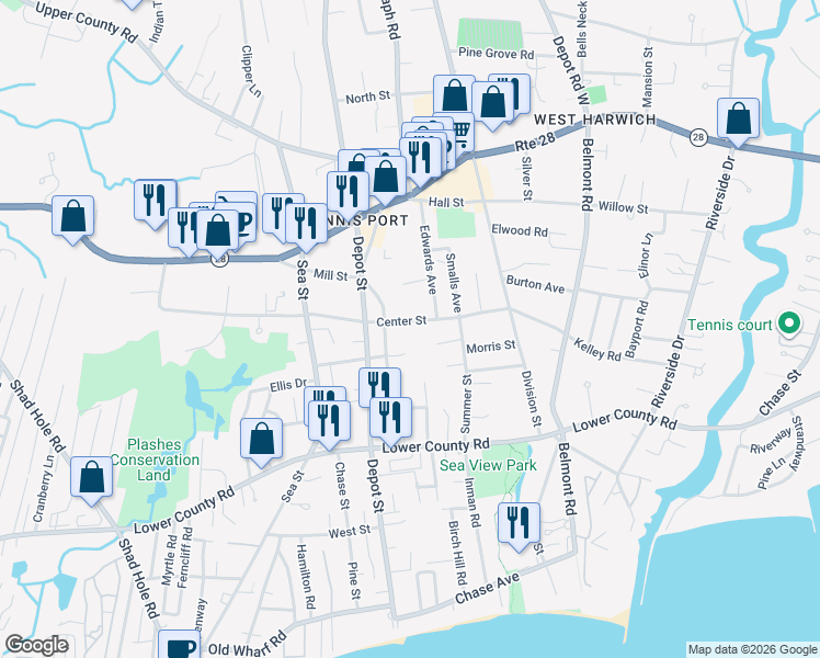 map of restaurants, bars, coffee shops, grocery stores, and more near 70 Pleasant Street in Dennis