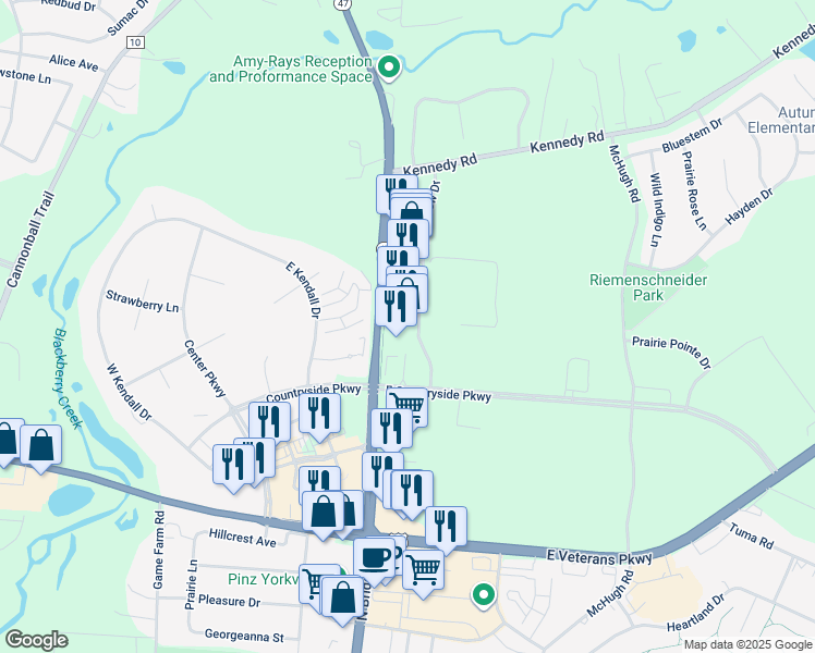 map of restaurants, bars, coffee shops, grocery stores, and more near 1775 Market View Drive in Yorkville