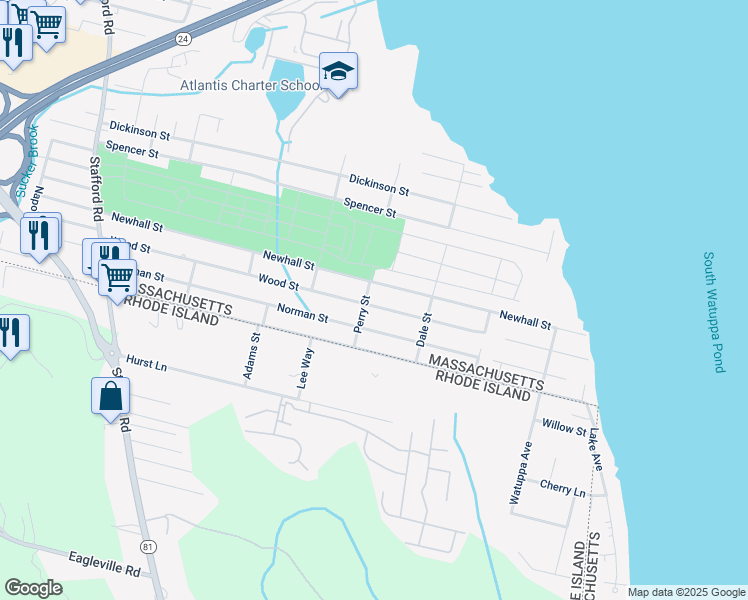map of restaurants, bars, coffee shops, grocery stores, and more near 673 Newhall Street in Fall River