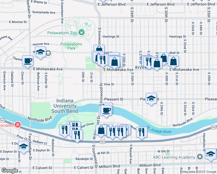 map of restaurants, bars, coffee shops, grocery stores, and more near 1001 South 23rd Street in South Bend