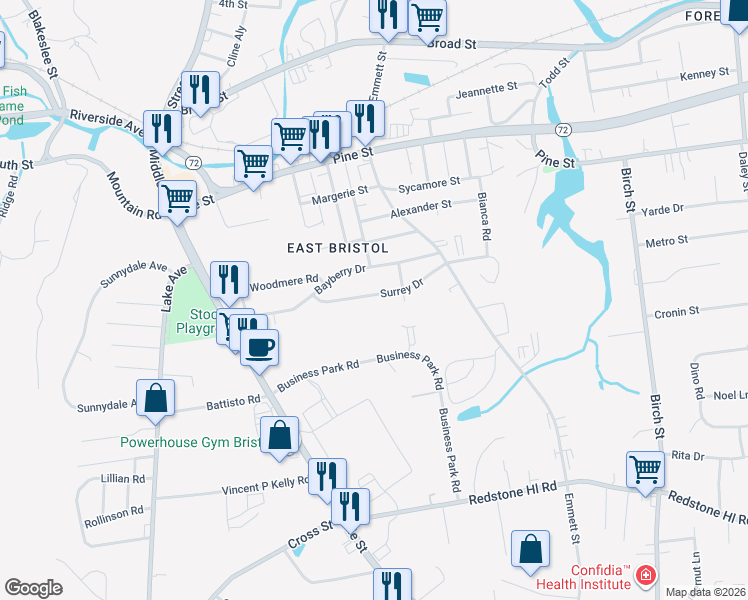 map of restaurants, bars, coffee shops, grocery stores, and more near 72 Surrey Drive in Bristol