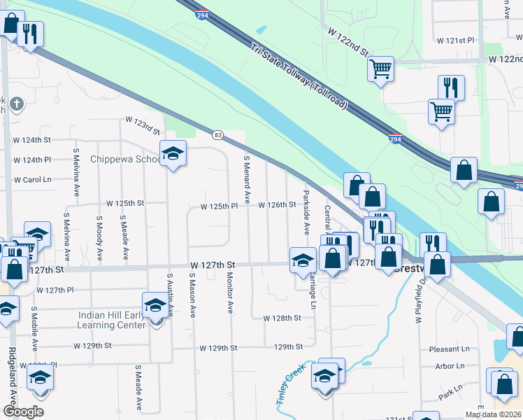 map of restaurants, bars, coffee shops, grocery stores, and more near 12600 Massasoit Avenue in Palos Heights