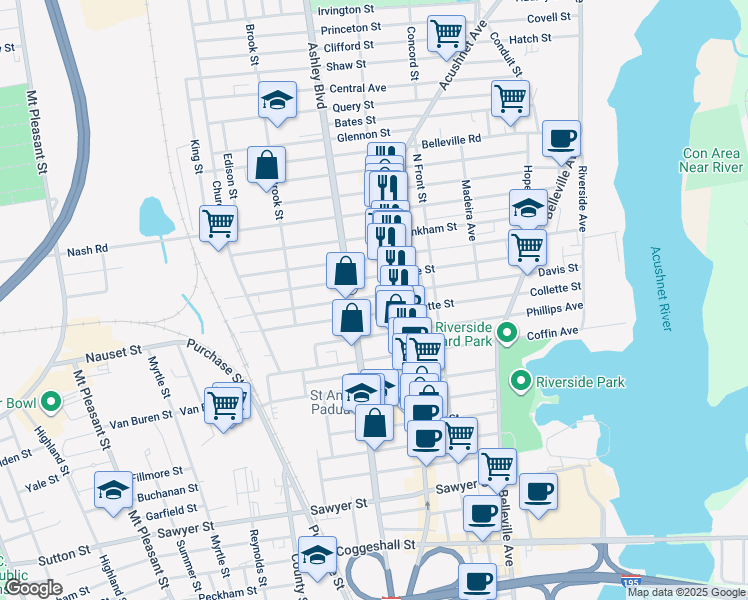 map of restaurants, bars, coffee shops, grocery stores, and more near 1570 Acushnet Avenue in New Bedford
