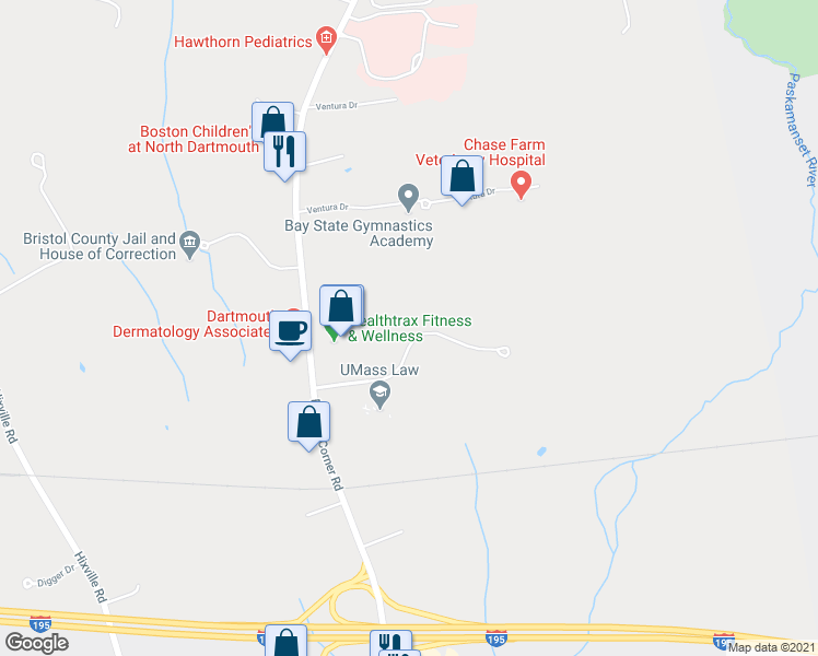 map of restaurants, bars, coffee shops, grocery stores, and more near 3 Ledgewood Boulevard in Dartmouth