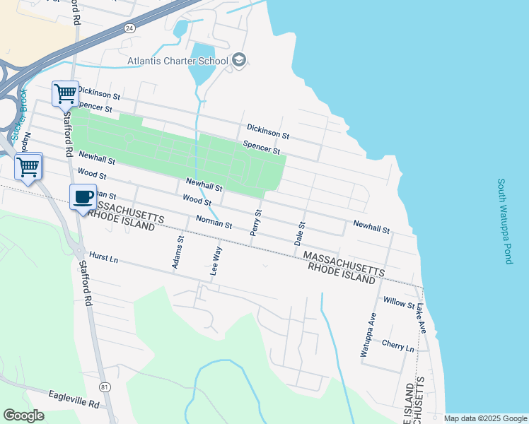 map of restaurants, bars, coffee shops, grocery stores, and more near 673 Newhall Street in Fall River