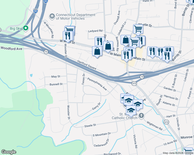 map of restaurants, bars, coffee shops, grocery stores, and more near 460 Black Rock Avenue in New Britain