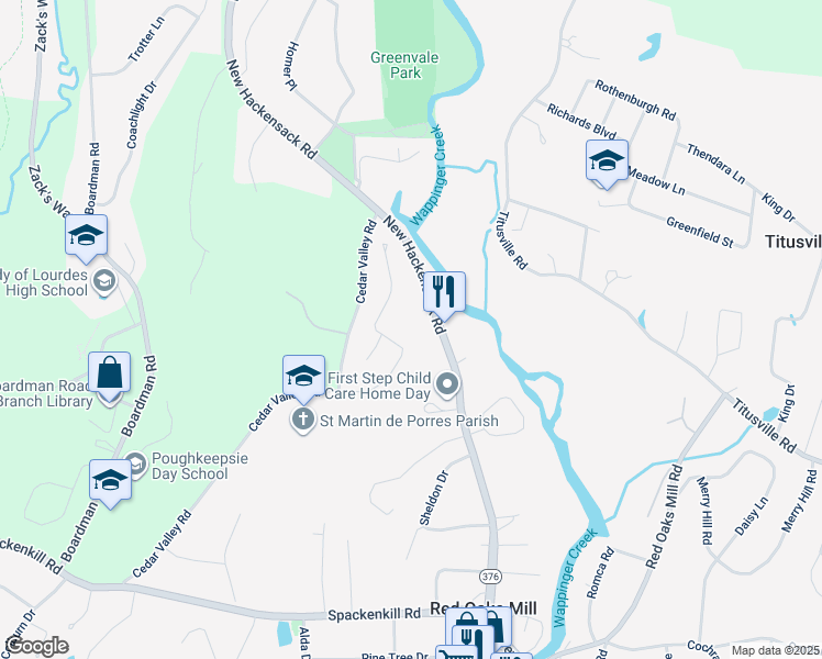 map of restaurants, bars, coffee shops, grocery stores, and more near 38 Tree Top Lane in Poughkeepsie