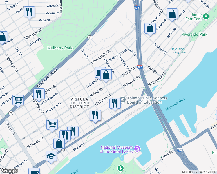 map of restaurants, bars, coffee shops, grocery stores, and more near in Toledo