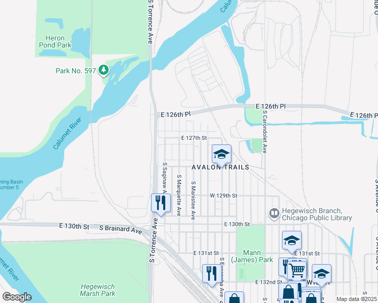 map of restaurants, bars, coffee shops, grocery stores, and more near 12721 South Marquette Avenue in Chicago