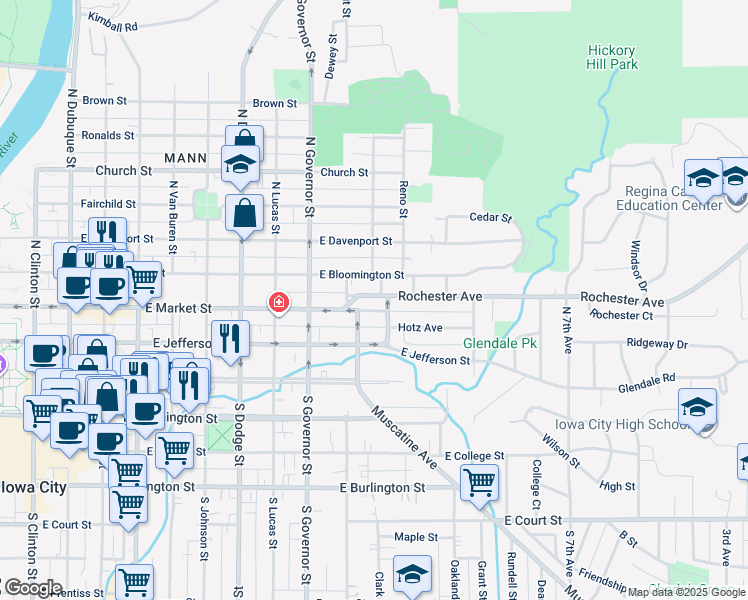 map of restaurants, bars, coffee shops, grocery stores, and more near 1116 Rochester Avenue in Iowa City