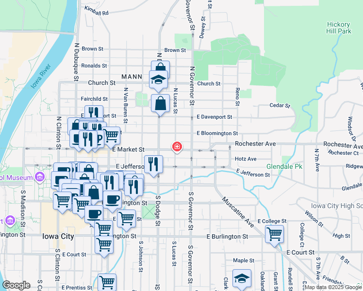map of restaurants, bars, coffee shops, grocery stores, and more near 218 North Lucas Street in Iowa City