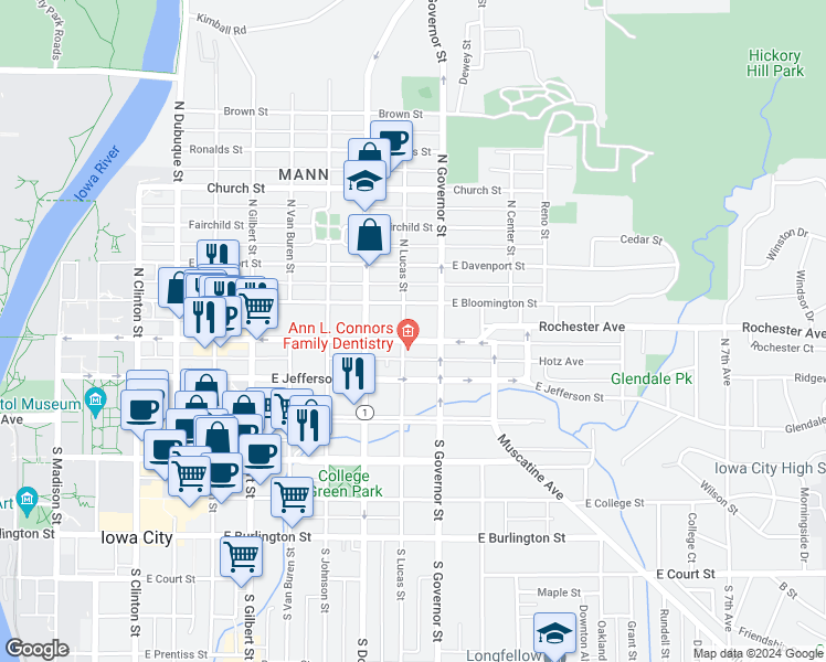 map of restaurants, bars, coffee shops, grocery stores, and more near 218 North Lucas Street in Iowa City