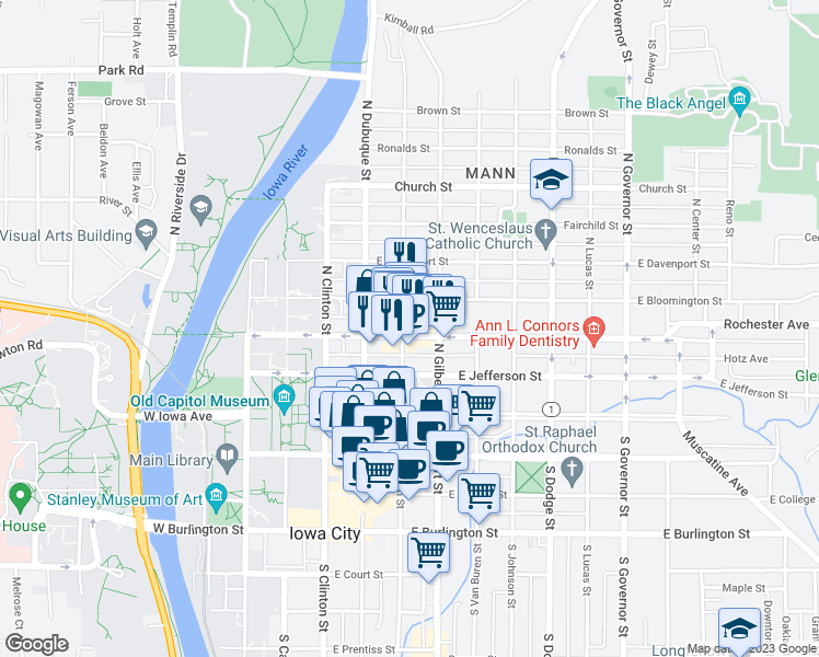 map of restaurants, bars, coffee shops, grocery stores, and more near 210 North Linn Street in Iowa City