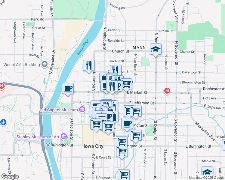 map of restaurants, bars, coffee shops, grocery stores, and more near 210 North Linn Street in Iowa City