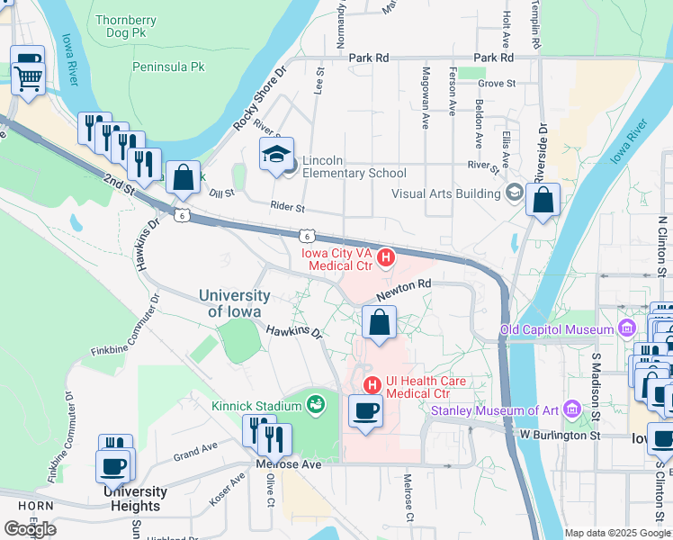 map of restaurants, bars, coffee shops, grocery stores, and more near 38-60 Woolf Avenue in Iowa City