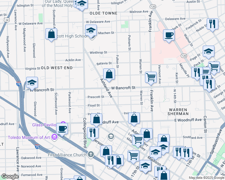 map of restaurants, bars, coffee shops, grocery stores, and more near 315 Bancroft Street in Toledo