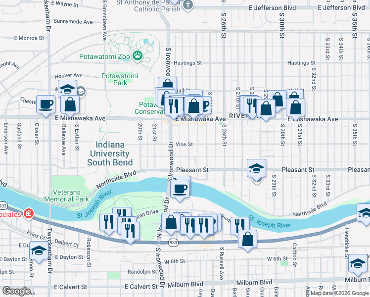 map of restaurants, bars, coffee shops, grocery stores, and more near 1001 South 23rd Street in South Bend