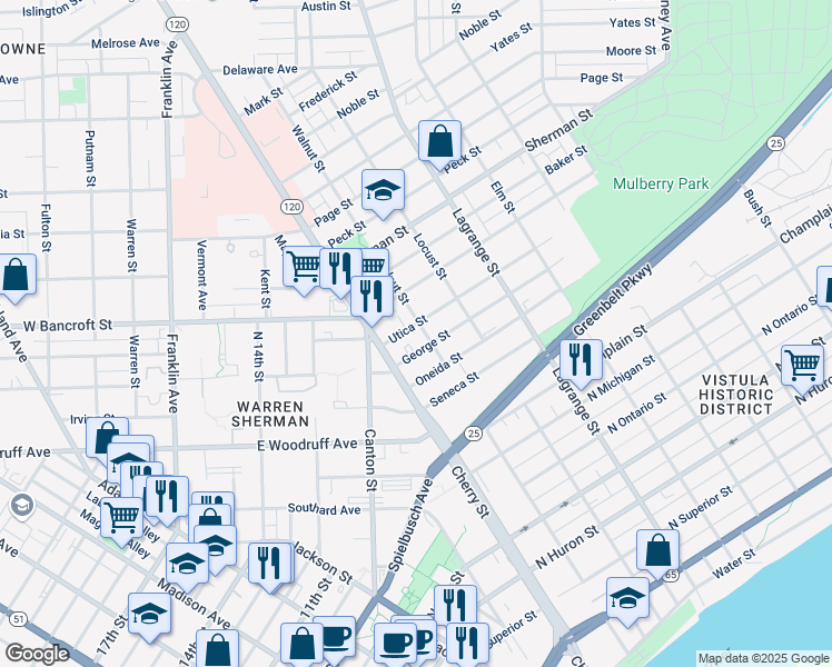 map of restaurants, bars, coffee shops, grocery stores, and more near 1413 Walnut Street in Toledo