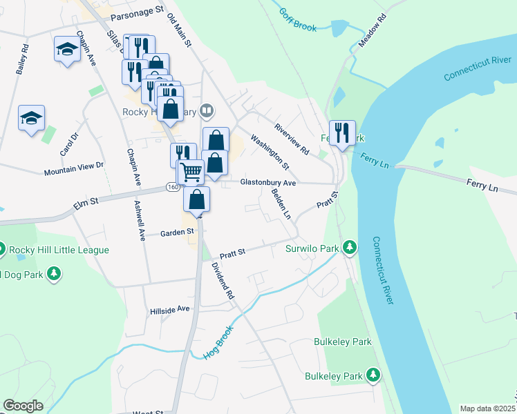 map of restaurants, bars, coffee shops, grocery stores, and more near 201 Cedar Hollow Drive in Rocky Hill