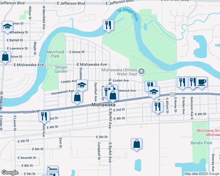 map of restaurants, bars, coffee shops, grocery stores, and more near 311 Miami Club Drive in Mishawaka